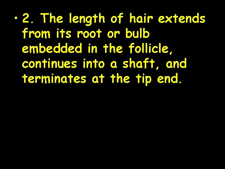  • 2. The length of hair extends from its root or bulb embedded