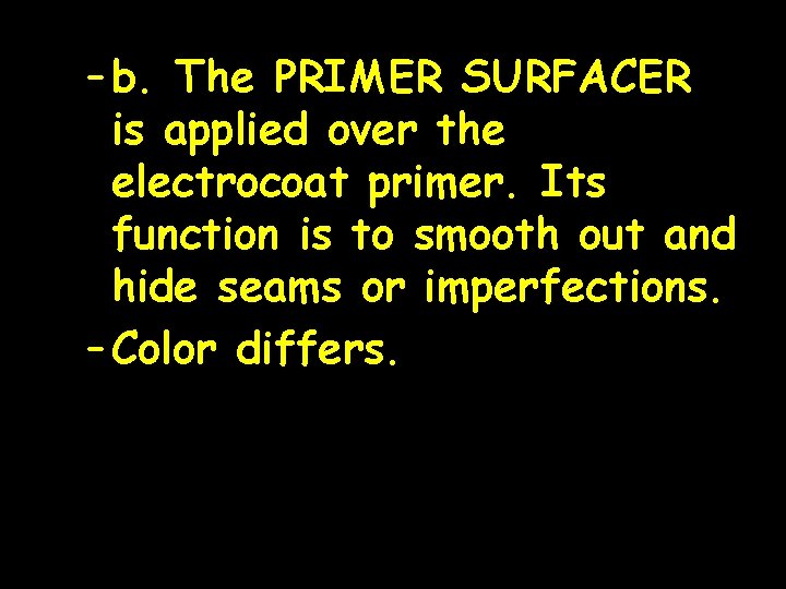 – b. The PRIMER SURFACER is applied over the electrocoat primer. Its function is