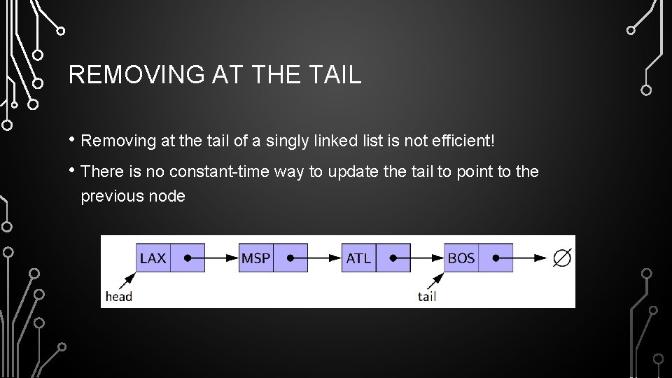 REMOVING AT THE TAIL • Removing at the tail of a singly linked list