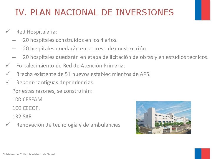 IV. PLAN NACIONAL DE INVERSIONES ü Red Hospitalaria: – 20 hospitales construidos en los