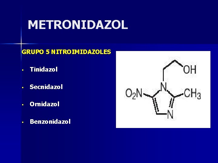 METRONIDAZOL GRUPO 5 NITROIMIDAZOLES § Tinidazol § Secnidazol § Ornidazol § Benzonidazol 
