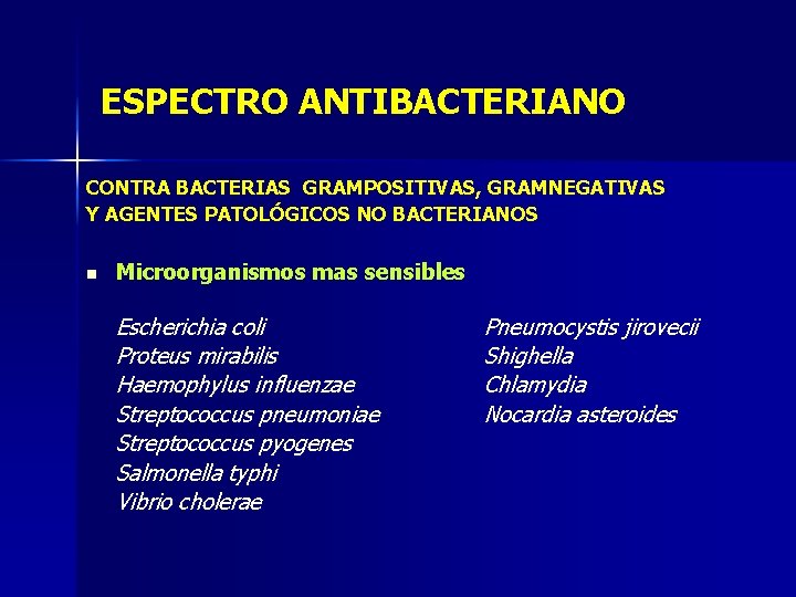 ESPECTRO ANTIBACTERIANO CONTRA BACTERIAS GRAMPOSITIVAS, GRAMNEGATIVAS Y AGENTES PATOLÓGICOS NO BACTERIANOS n Microorganismos mas