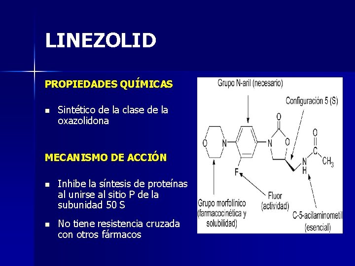 LINEZOLID PROPIEDADES QUÍMICAS n Sintético de la clase de la oxazolidona MECANISMO DE ACCIÓN