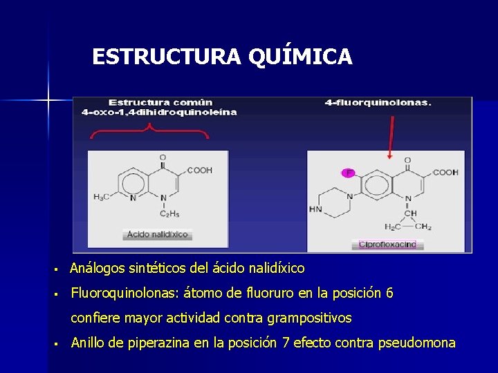 ESTRUCTURA QUÍMICA § Análogos sintéticos del ácido nalidíxico § Fluoroquinolonas: átomo de fluoruro en