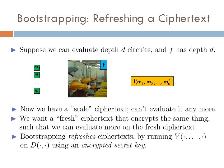 Bootstrapping: Refreshing a Ciphertext m 1 m 2 … mt f f(m 1, m