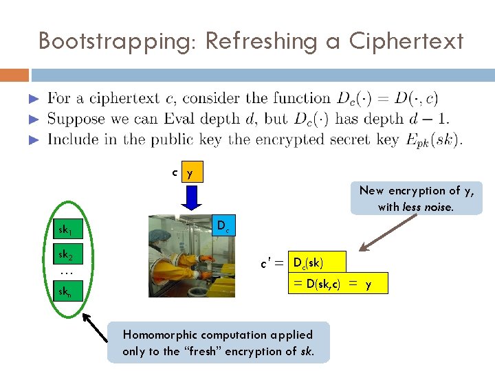 Bootstrapping: Refreshing a Ciphertext c y New encryption of y, with less noise. sk