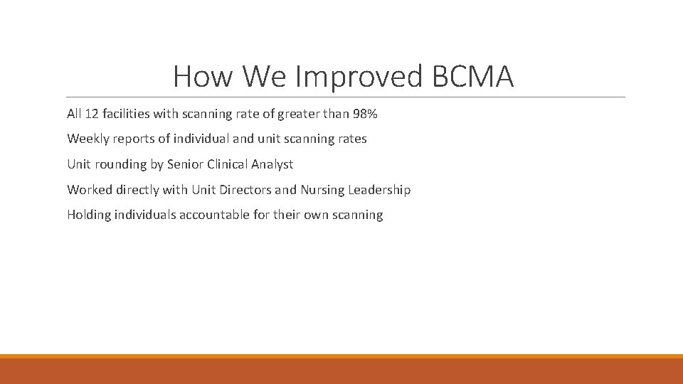 How We Improved BCMA All 12 facilities with scanning rate of greater than 98%