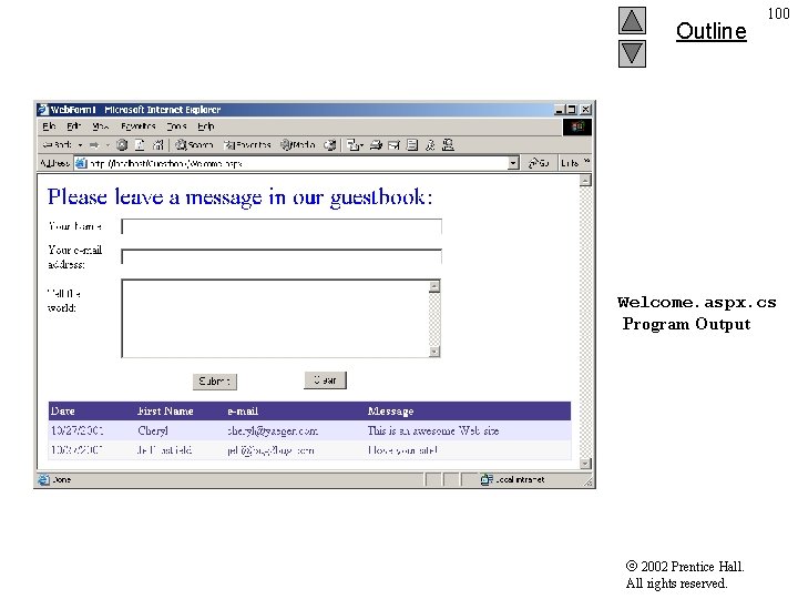 Outline 100 Welcome. aspx. cs Program Output 2002 Prentice Hall. All rights reserved. 