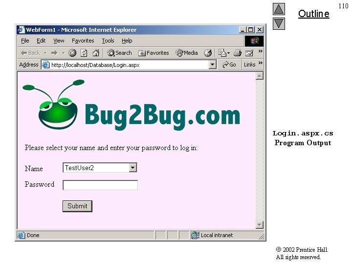 Outline Login. aspx. cs Program Output 2002 Prentice Hall. All rights reserved. 110 