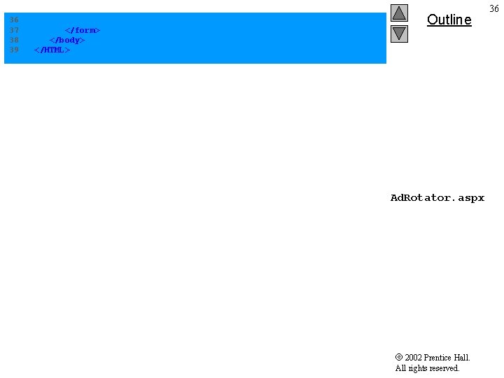 36 37 38 39 </form> </body> </HTML> Outline Ad. Rotator. aspx 2002 Prentice Hall.