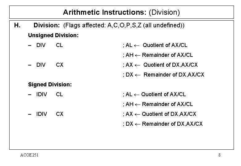 Assembly Language Arithmetic and Logic Instructions ACOE 251