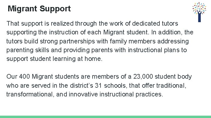 Migrant Support That support is realized through the work of dedicated tutors supporting the