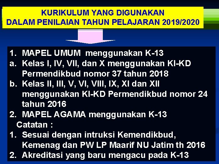 KURIKULUM YANG DIGUNAKAN DALAM PENILAIAN TAHUN PELAJARAN 2019/2020 1. MAPEL UMUM menggunakan K-13 a.