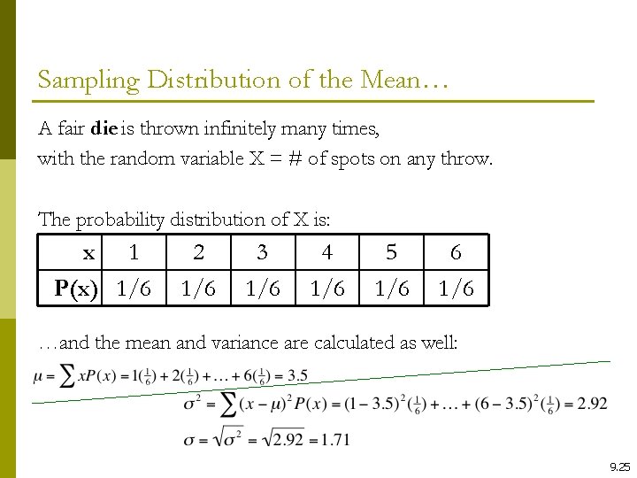 Sampling Distribution of the Mean… A fair die is thrown infinitely many times, with