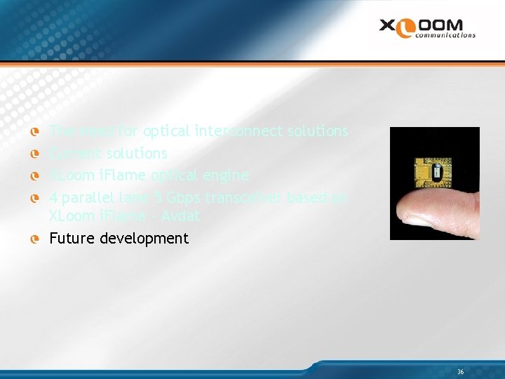 The need for optical interconnect solutions Current solutions XLoom i. Flame optical engine 4