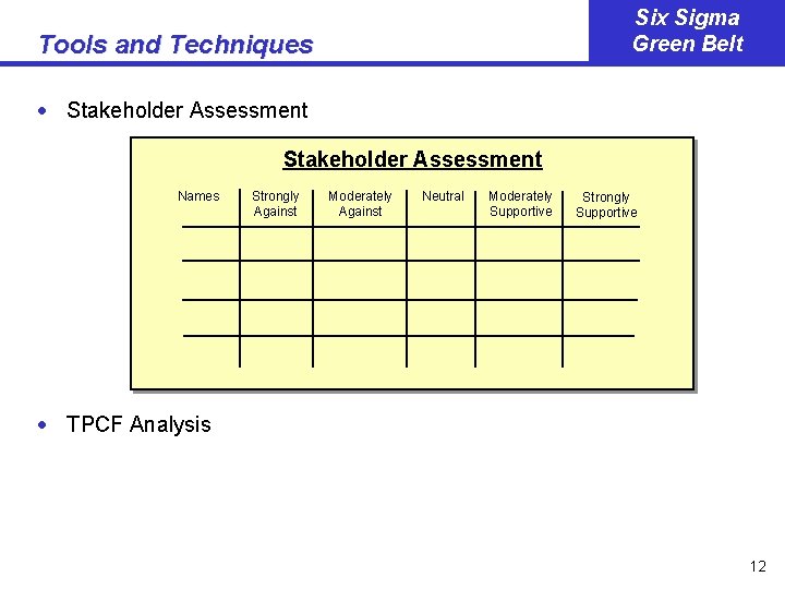 Six Sigma Green Belt Tools and Techniques · Stakeholder Assessment Names Strongly Against Moderately