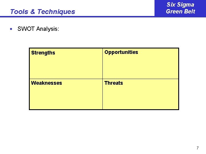 Six Sigma Green Belt Tools & Techniques · SWOT Analysis: Strengths Opportunities Weaknesses Threats