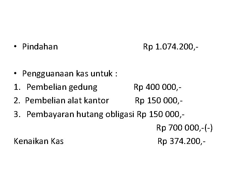  • Pindahan Rp 1. 074. 200, - • Pengguanaan kas untuk : 1.