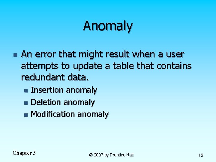 Anomaly n An error that might result when a user attempts to update a