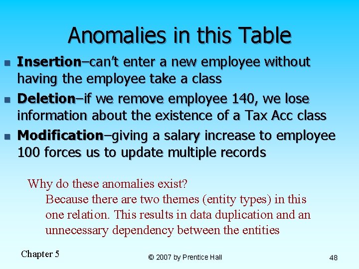 Anomalies in this Table n n n Insertion–can’t enter a new employee without having