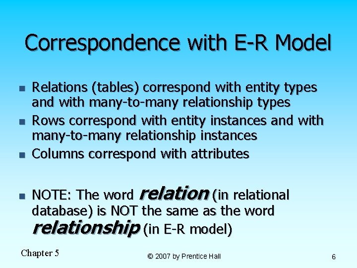 Correspondence with E-R Model n n Relations (tables) correspond with entity types and with