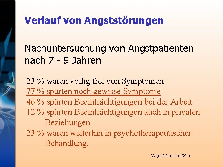 Verlauf von Angststörungen Nachuntersuchung von Angstpatienten nach 7 - 9 Jahren 23 % waren