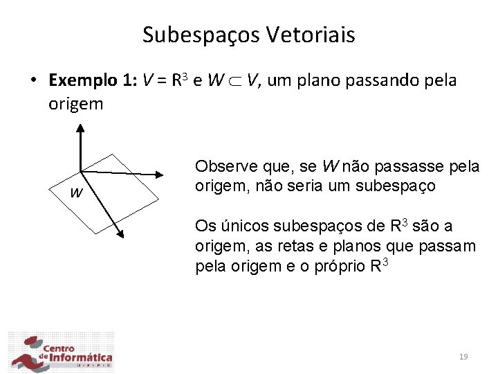Subespaços Vetoriais • Exemplo 1: V = R 3 e W V, um plano