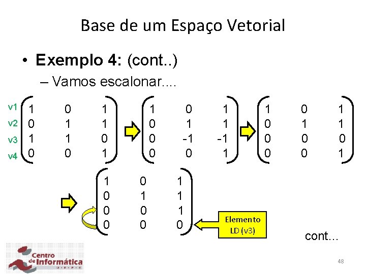 Base de um Espaço Vetorial • Exemplo 4: (cont. . ) – Vamos escalonar.