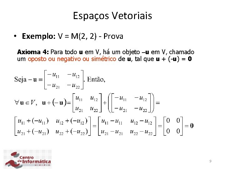 Espaços Vetoriais • Exemplo: V = M(2, 2) - Prova Axioma 4: Para todo