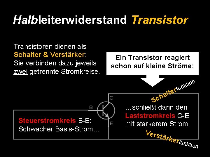 Halbleiterwiderstand Transistoren dienen als Schalter & Verstärker: Sie verbinden dazu jeweils zwei getrennte Stromkreise.