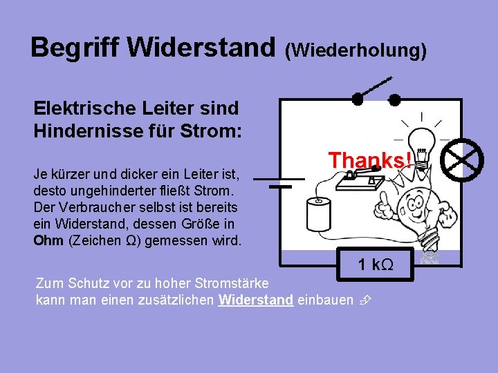 Begriff Widerstand (Wiederholung) Elektrische Leiter sind Hindernisse für Strom: Je kürzer und dicker ein