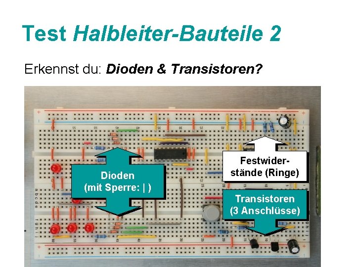 Test Halbleiter-Bauteile 2 Erkennst du: Dioden & Transistoren? Dioden (mit Sperre: | ) Festwiderstände