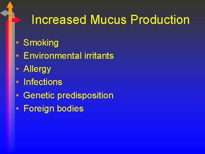 Increased Mucus Production • • • Smoking Environmental irritants Allergy Infections Genetic predisposition Foreign