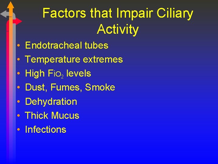 Factors that Impair Ciliary Activity • • Endotracheal tubes Temperature extremes High Fi. O