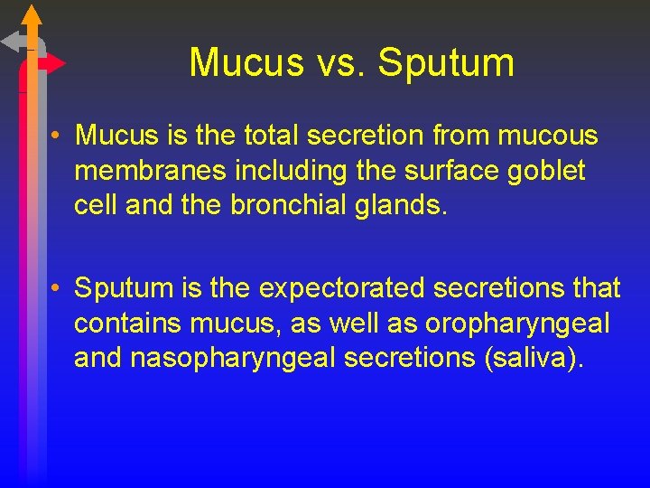 Mucus vs. Sputum • Mucus is the total secretion from mucous membranes including the