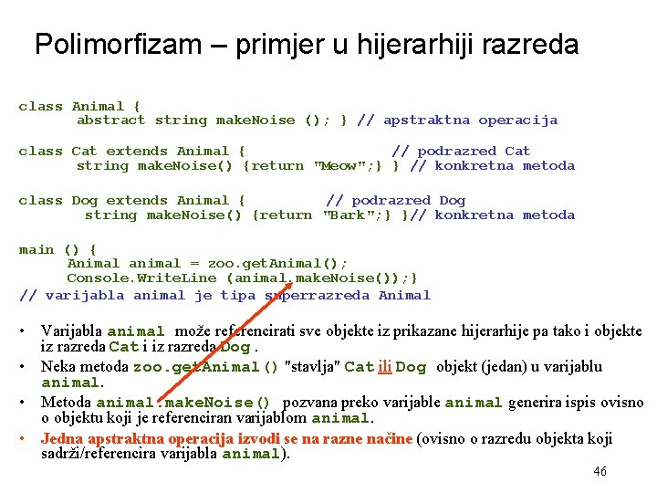 Polimorfizam – primjer u hijerarhiji razreda class Animal { abstract string make. Noise ();