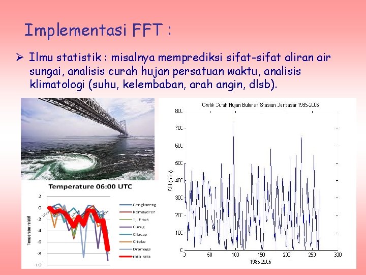 Implementasi FFT : Ø Ilmu statistik : misalnya memprediksi sifat-sifat aliran air sungai, analisis