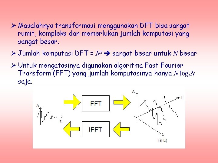 Ø Masalahnya transformasi menggunakan DFT bisa sangat rumit, kompleks dan memerlukan jumlah komputasi yang