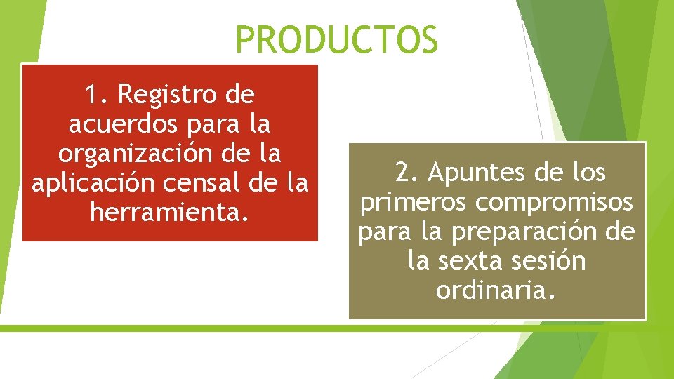 PRODUCTOS 1. Registro de acuerdos para la organización de la aplicación censal de la