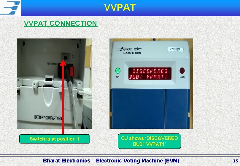 VVPAT CONNECTION Switch is at position 1 CU shows ‘DISCOVERED BU 01 VVPAT 1’