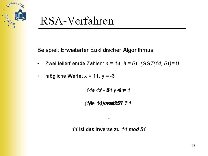 RSA-Verfahren Beispiel: Erweiterter Euklidischer Algorithmus • Zwei teilerfremde Zahlen: a = 14, b =