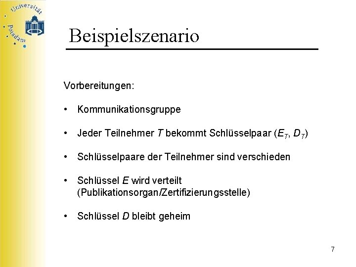 Beispielszenario Vorbereitungen: • Kommunikationsgruppe • Jeder Teilnehmer T bekommt Schlüsselpaar (ET, DT) • Schlüsselpaare