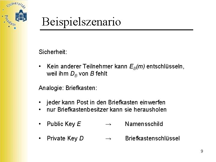 Beispielszenario Sicherheit: • Kein anderer Teilnehmer kann EB(m) entschlüsseln, weil ihm DB von B