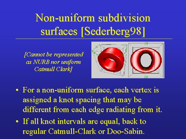 Non-uniform subdivision surfaces [Sederberg 98] [Cannot be represented as NURB nor uniform Catmull Clark]