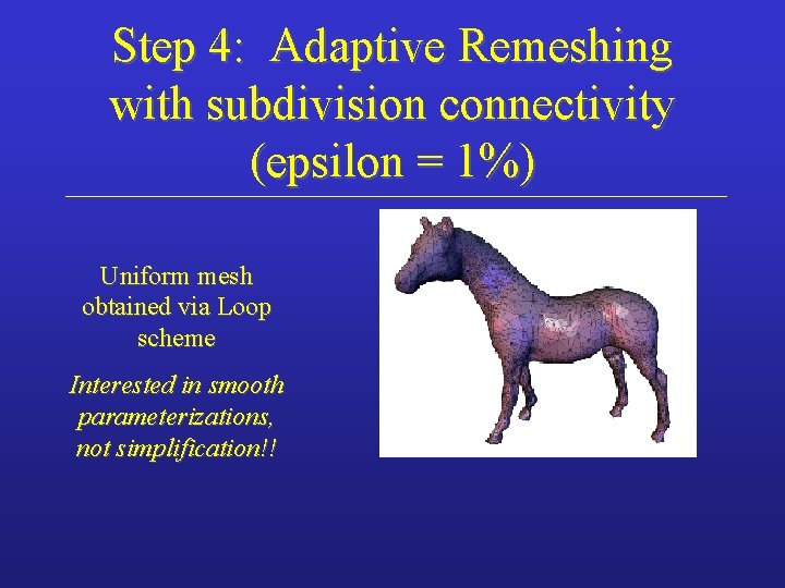 Step 4: Adaptive Remeshing with subdivision connectivity (epsilon = 1%) Uniform mesh obtained via