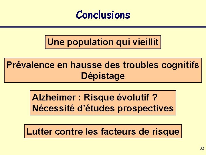 Conclusions Une population qui vieillit Prévalence en hausse des troubles cognitifs Dépistage Alzheimer :