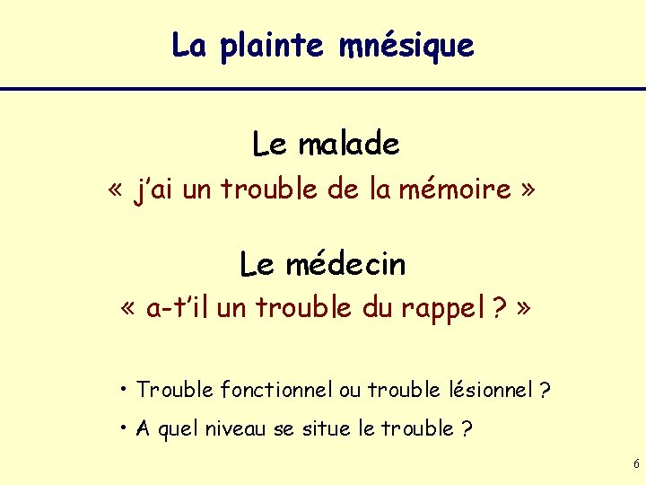 La plainte mnésique Le malade « j’ai un trouble de la mémoire » Le