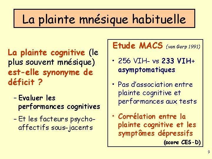 La plainte mnésique habituelle La plainte cognitive (le plus souvent mnésique) est-elle synonyme de