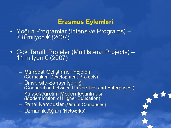 Erasmus Eylemleri • Yoğun Programlar (Intensive Programs) – 7. 8 milyon € (2007) •