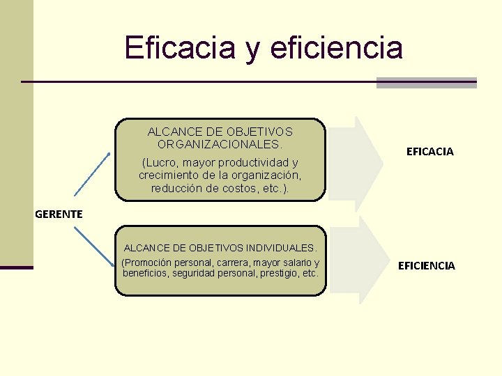 Eficacia y eficiencia ALCANCE DE OBJETIVOS ORGANIZACIONALES. (Lucro, mayor productividad y crecimiento de la